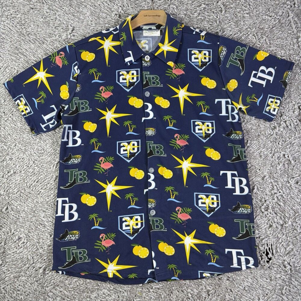 Tampa Bay Devil Rays Hawaiian Shirt Mens Medium All Over Print Blue Short Sleeve